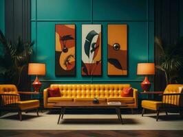 midden in de eeuw kleurrijk leven kamer interieur stijl met elegant meubilair. generatief ai foto