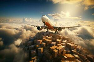 globaal logistiek. vliegtuig en pakket doos, concept van lucht levering Verzenden. generatief ai foto
