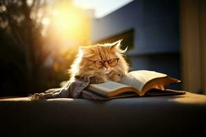 intelligent schattig kat in bril lezing een boek, generatief ai illustratie foto
