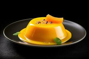 mango pudding Aan een bord, zwart achtergrond, illustratie, generatief ai foto