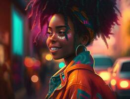 gelukkig Afrikaanse jong vrouw vervelend jasje lachend Bij camera staand Aan straat. glimlachen afro Amerikaans tiener generatie z hipster meisje poseren buitenshuis verlicht met zonlicht, portret. generatief ai foto