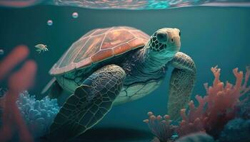 kleurrijk zee schildpad zwemmen in de azuur oceaan. blauw vers achtergrond, wild schattig onderwater- zee dier. scuba duiken tropisch rif foto. generatief ai foto