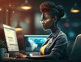 modern kantoor. zwart zakenvrouw zittend Bij haar bureau werken Aan een computer. glimlachen geslaagd Afrikaanse Amerikaans vrouw. generatief ai foto