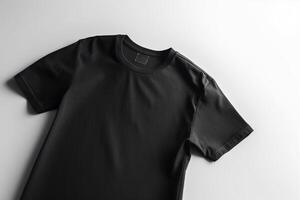 elegantie in eenvoud, leeg zwart t-shirt mockup Aan wit achtergrond ai gegenereerd foto