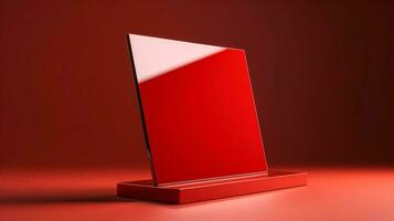 deze blanco tafelblad teken houder mockup in stoutmoedig rood creëert een uitspraak voor uw branding behoeften ai gegenereerd foto