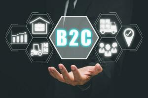 b2c, bedrijf naar klant concept, zakenmensen persoon hand- Holding bedrijf naar klant icoon Aan virtueel scherm. foto