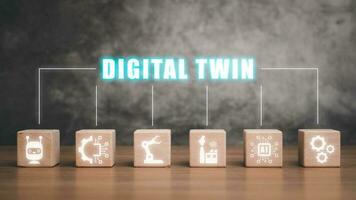 digitaal tweeling bedrijf en industrieel werkwijze modellering, houten blok Aan bureau met digitaal tweeling icoon Aan virtueel scherm, innovatie en optimalisatie foto