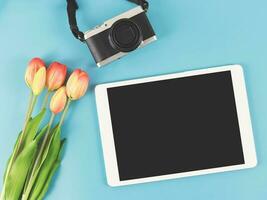 vlak leggen van digitaal tablet met blanco zwart scherm, tulp bloemen en digitaal camera geïsoleerd Aan blauw achtergrond. foto