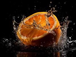 detailopname plons oranje fruit met water plons fotografie in zwart achtergrond. nog steeds leven fotografie. generatief ai. foto