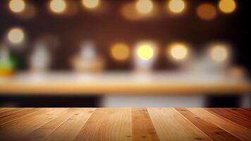 houten structuur tafel top Aan wazig cafe bokeh licht achtergrond. voor Product Scherm of foto studio reclame. voor vitrine Product Scherm bespotten omhoog. generatief ai.