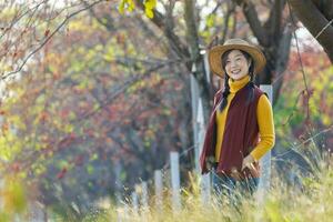 gelukkig Aziatisch boer meisje portret in herfst- mode met vallen kleur van esdoorn- boom gedurende de oogst seizoen foto