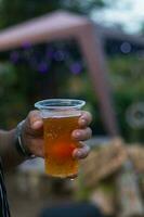 bier drankjes bereid voor barbecue partij tussen vrienden zijn geserveerd in plastic bril omdat plastic bril kan worden gemakkelijk opgeslagen Bij einde van feest. gemakkelijk partij idee door portie bier in plastic bril. foto