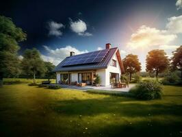 modern vrijstaand huis in de platteland met zonne- panelen geïnstalleerd foto