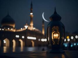 eid lamp met vervagen achtergrond ai gegenereerd, Islamitisch eid achtergrond, eid mubarak achtergrond foto