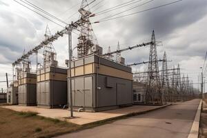 hoog Spanning macht lijnen en hoog Spanning transformator onderstation in Polen. elektrisch onderstation met macht lijnen en transformator, ai gegenereerd foto