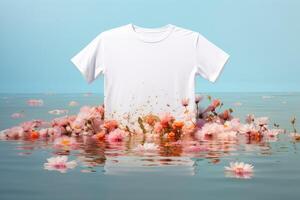 wit t-shirt mockup floatinf Aan water oppervlak, ai generatief foto