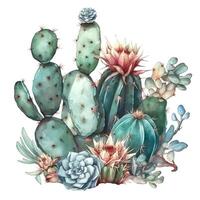 waterverf illustratie van een cactus. kamerplant, woestijn, sappig. voor creëren affiches, stickers, ansichtkaarten, afdrukken, sublimaties. ai gegenereerd foto