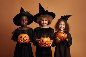 een illustratie van kinderen vervelend een halloween kostuum , ai gegenereerd foto