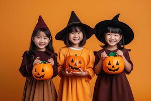 een illustratie van kinderen vervelend een halloween kostuum , ai gegenereerd foto