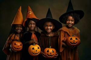 een illustratie van kinderen vervelend een halloween kostuum , ai gegenereerd foto