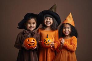 een illustratie van kinderen vervelend een halloween kostuum , ai gegenereerd foto