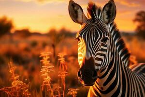 bevallig zebra begrazing in de Afrikaanse savanne - dieren in het wild fotografie, ai generatief foto