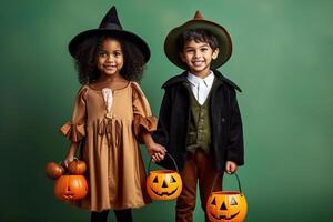 een illustratie van kinderen vervelend een halloween kostuum , ai gegenereerd foto