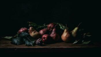 vers herfst fruit Aan een rustiek houten tafel, gezond en biologisch gegenereerd door ai foto