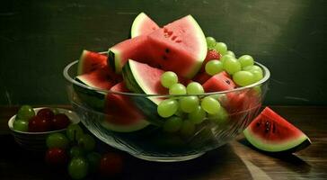 vers watermeloen plak Aan houten tafel, een verfrissend zomer tussendoortje gegenereerd door ai foto