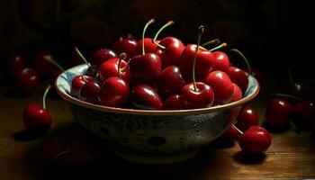 versheid van rijp fruit Aan een houten tafel, gezond aan het eten gegenereerd door ai foto