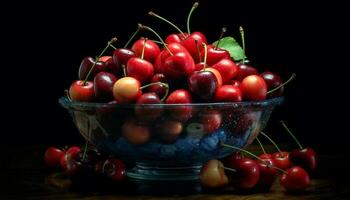 versheid van rijp fruit, natuur gezond fijnproever tussendoortje Aan houten tafel gegenereerd door ai foto