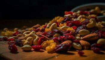 een verscheidenheid van droog fruit en noten in een groot kom gegenereerd door ai foto