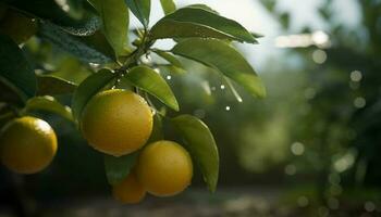 verfrissend citrus fruit in een groen boomgaard, symboliseert gezond aan het eten gegenereerd door ai foto