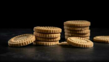 vers gebakken eigengemaakt chocola spaander koekjes gestapeld Aan een houten tafel gegenereerd door ai foto