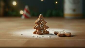 eigengemaakt peperkoek Mens tussendoortje Aan houten tafel, Kerstmis decoratie gegenereerd door ai foto