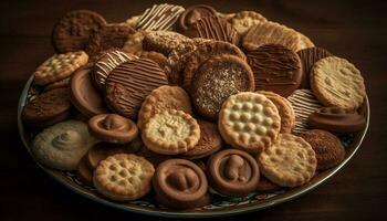 een groot stack van eigengemaakt chocola spaander koekjes Aan een bord gegenereerd door ai foto