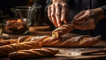 vers gebakken eigengemaakt brood Aan rustiek houten tafel, een heerlijk maaltijd gegenereerd door ai foto