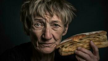 glimlachen senior volwassenen Holding eigengemaakt brood, genieten van pensioen met vreugde gegenereerd door ai foto