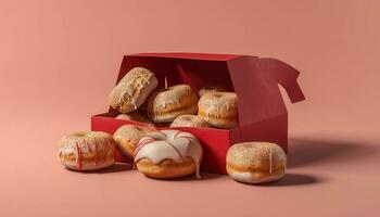 stack van roze donuts, aanlokkelijk toegeeflijkheid geschenk gegenereerd door ai foto