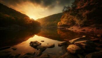 rustig Woud weerspiegelt levendig herfst zonsopkomst schoonheid gegenereerd door ai foto