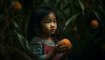 glimlachen meisjes spelen in natuur met fruit gegenereerd door ai foto