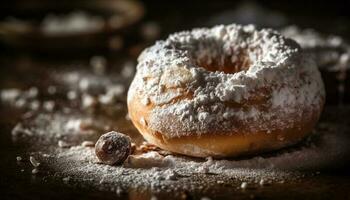 vers gebakken donut, chocola glazuur, toegeeflijk verleiding gegenereerd door ai foto