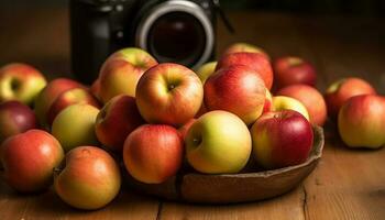 vers biologisch appel Aan houten tafel, gefotografeerd prachtig gegenereerd door ai foto