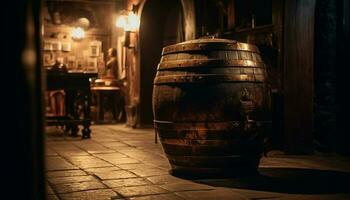 oud wijnmakerij kelder, donker hout vat vaatjes gegenereerd door ai foto