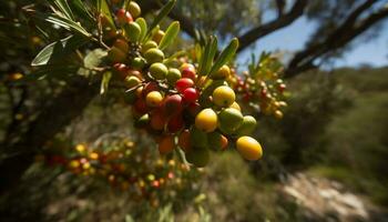 natuur premie vers, rijp fruit Aan een groen zomer Afdeling gegenereerd door ai foto