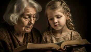 vier generaties bonding over- Bijbel lezing binnenshuis gegenereerd door ai foto