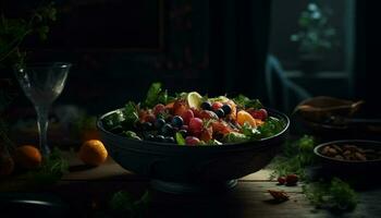 vers biologisch fruit salade Aan rustiek houten tafel gegenereerd door ai foto