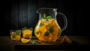 vers citrus mojito Aan rustiek houten tafel gegenereerd door ai foto