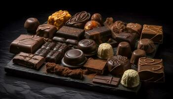 donker chocola truffels gestapeld in een rij gegenereerd door ai foto