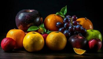 sappig citrus fruit Aan houten tafel, verfrissend zomer gegenereerd door ai foto